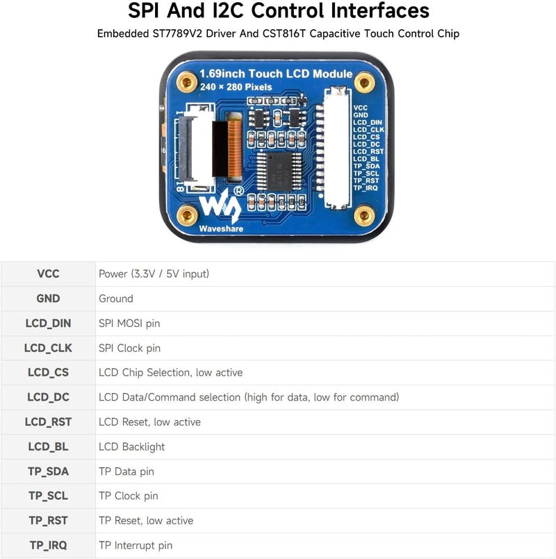 Waveshare شاشة LCD دائرية بحجم 1.69 بوصة، متوافقة مع Raspberry Pi 5، وحدة عرض مع لوحة لمس، شاشة LCD صغيرة، دقة 240×280، IPS، اتصال SPI و I2C، 262K لون عرض - Image 5